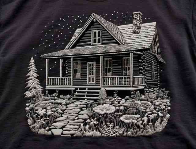 monochrome embroidery cabin