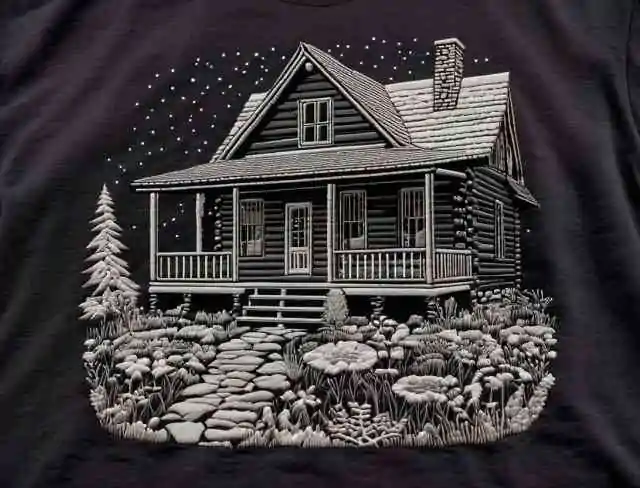 monochrome embroidery cabin