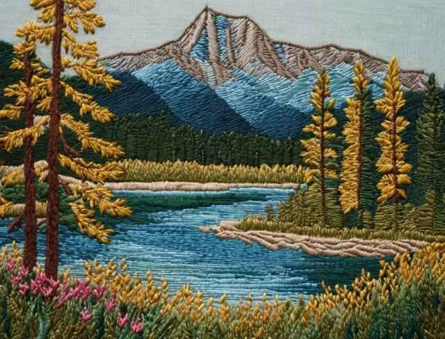 embroidered scenery lake