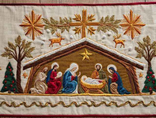 christian theme embroidery manger