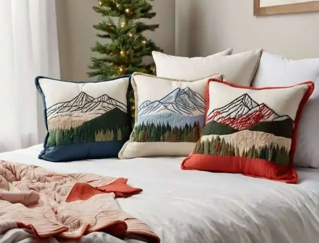 throw pillow embroidery mountains
