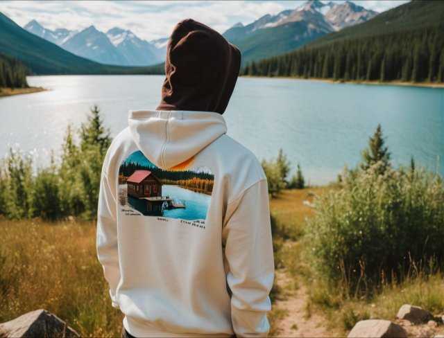 surreal embroidery cabin and lake