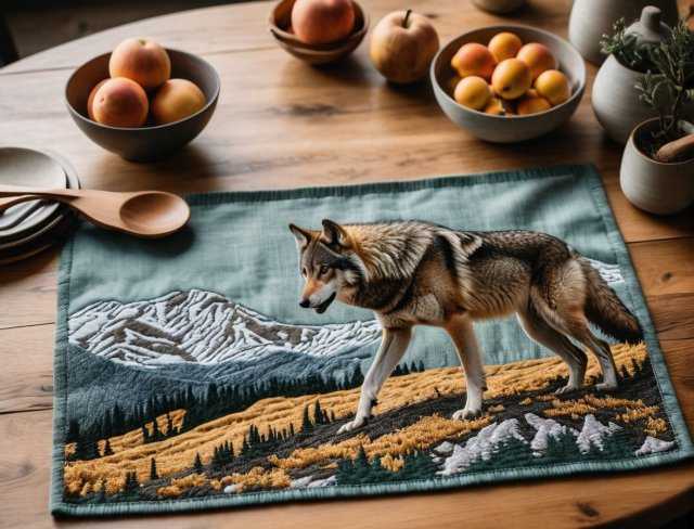 wolf placemat layer embroidery